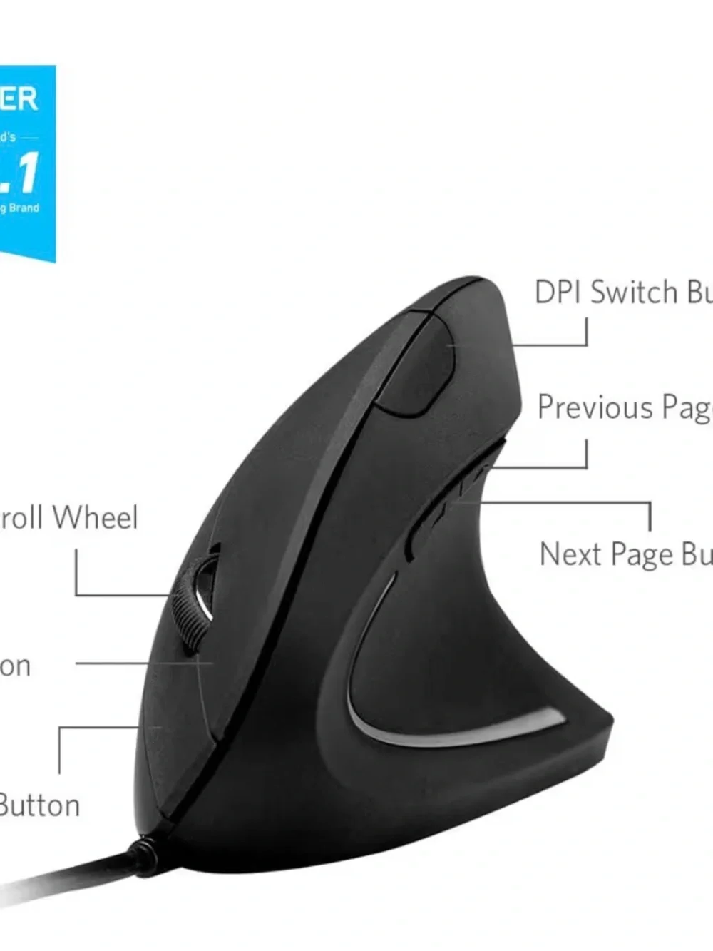 Anker Black Vertical Wired USB & Logitech Mouse with Gray Cable